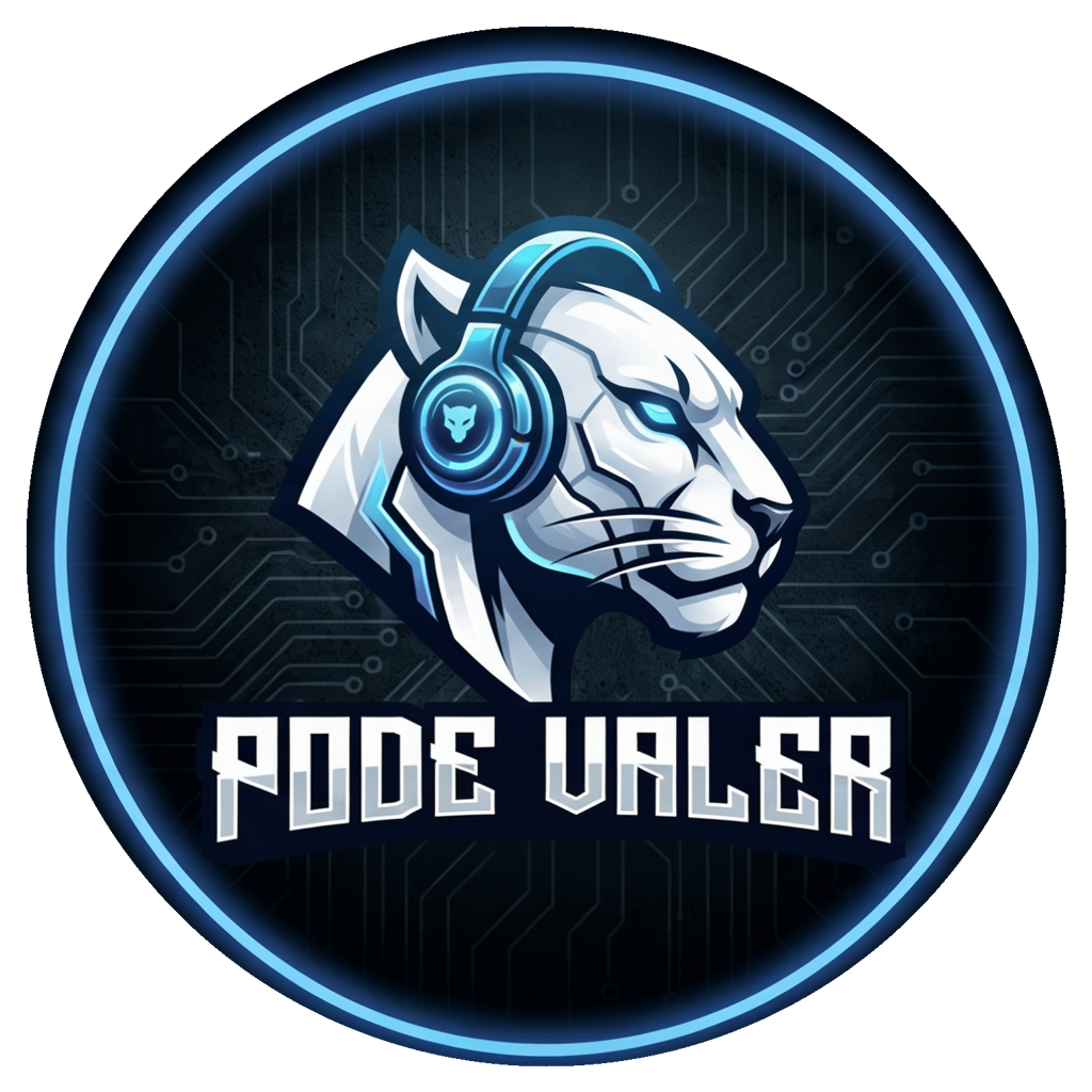 Logo Pode Valer — pantera branca com headset azul em selo circular